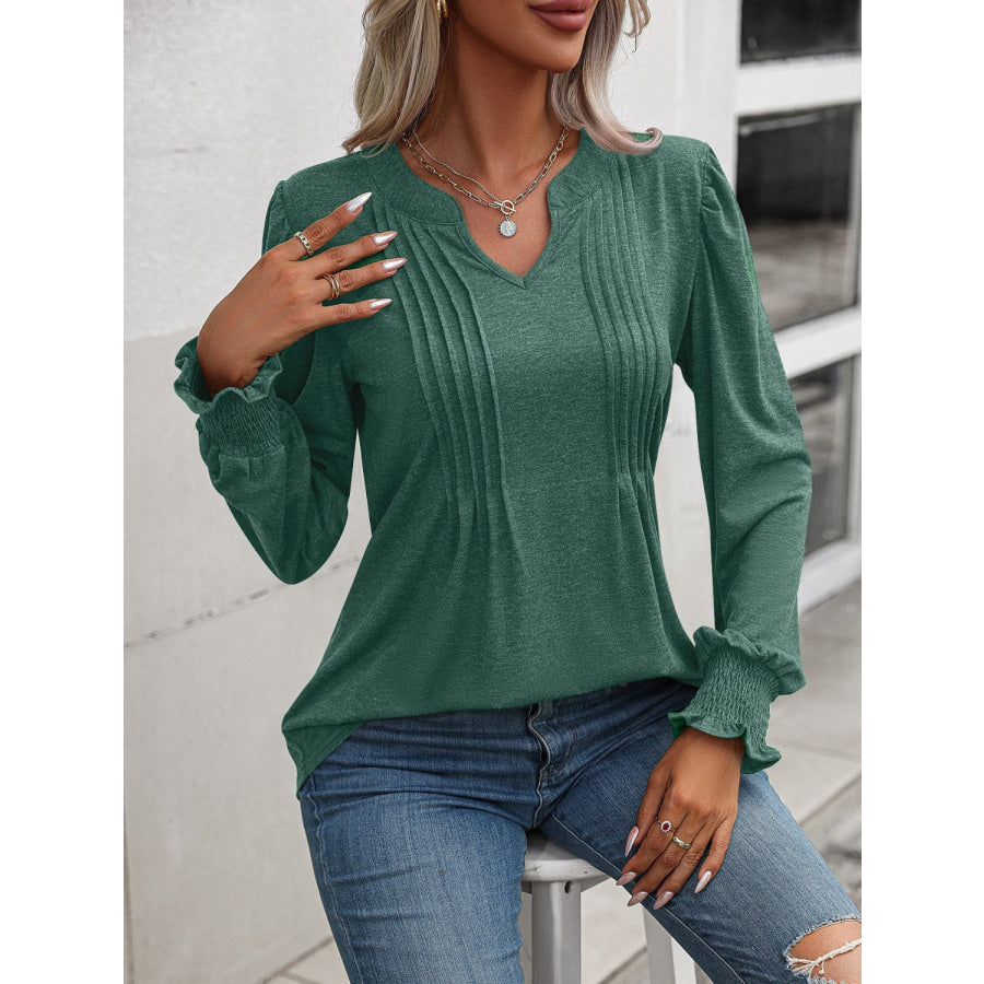 Notched Smocked Lantern Sleeve Blouse Apparel and Accessories