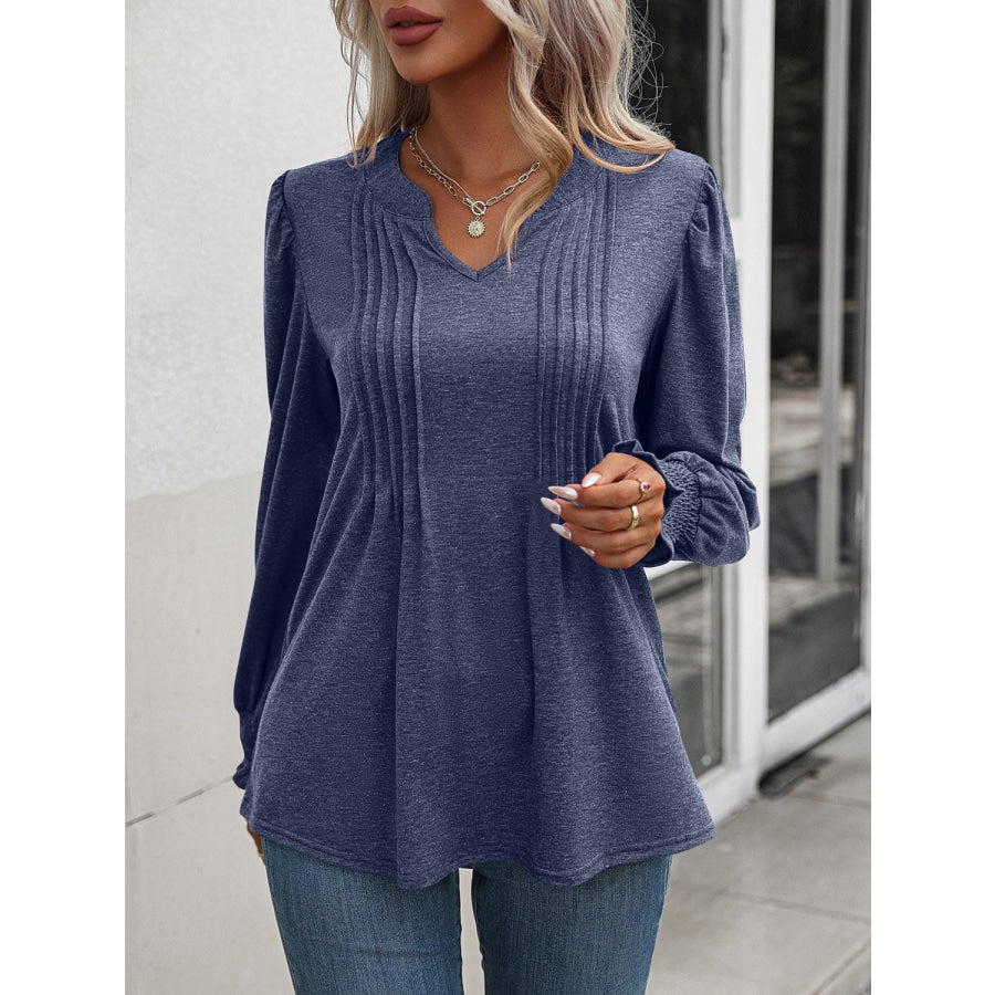 Notched Smocked Lantern Sleeve Blouse Apparel and Accessories