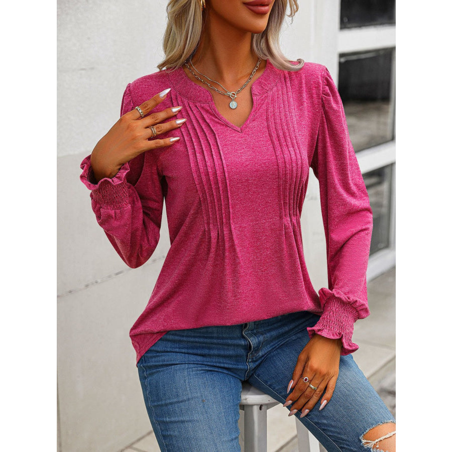 Notched Smocked Lantern Sleeve Blouse Apparel and Accessories