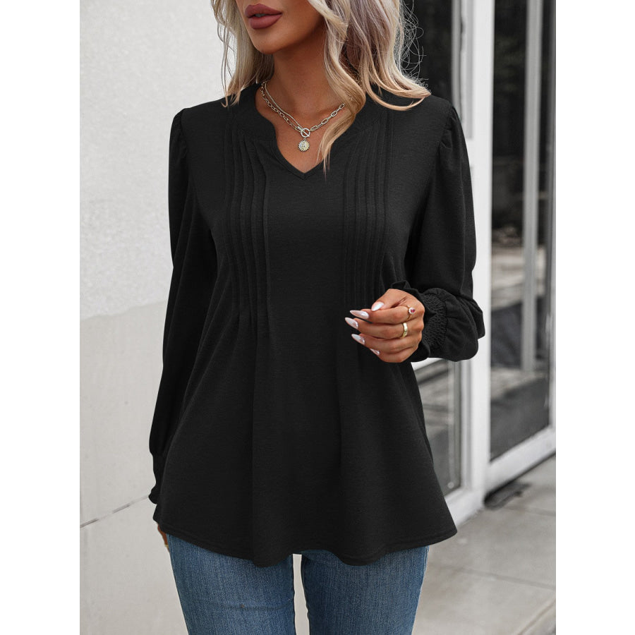 Notched Smocked Lantern Sleeve Blouse Apparel and Accessories