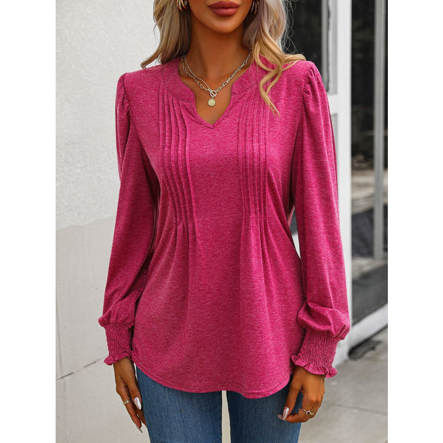 Notched Smocked Lantern Sleeve Blouse Apparel and Accessories