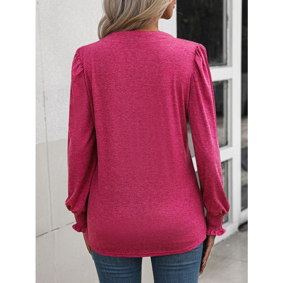 Notched Smocked Lantern Sleeve Blouse Apparel and Accessories