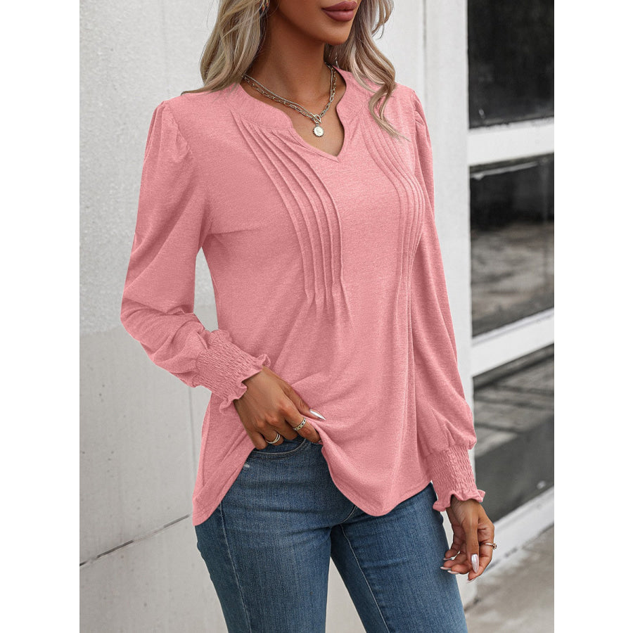 Notched Smocked Lantern Sleeve Blouse Apparel and Accessories