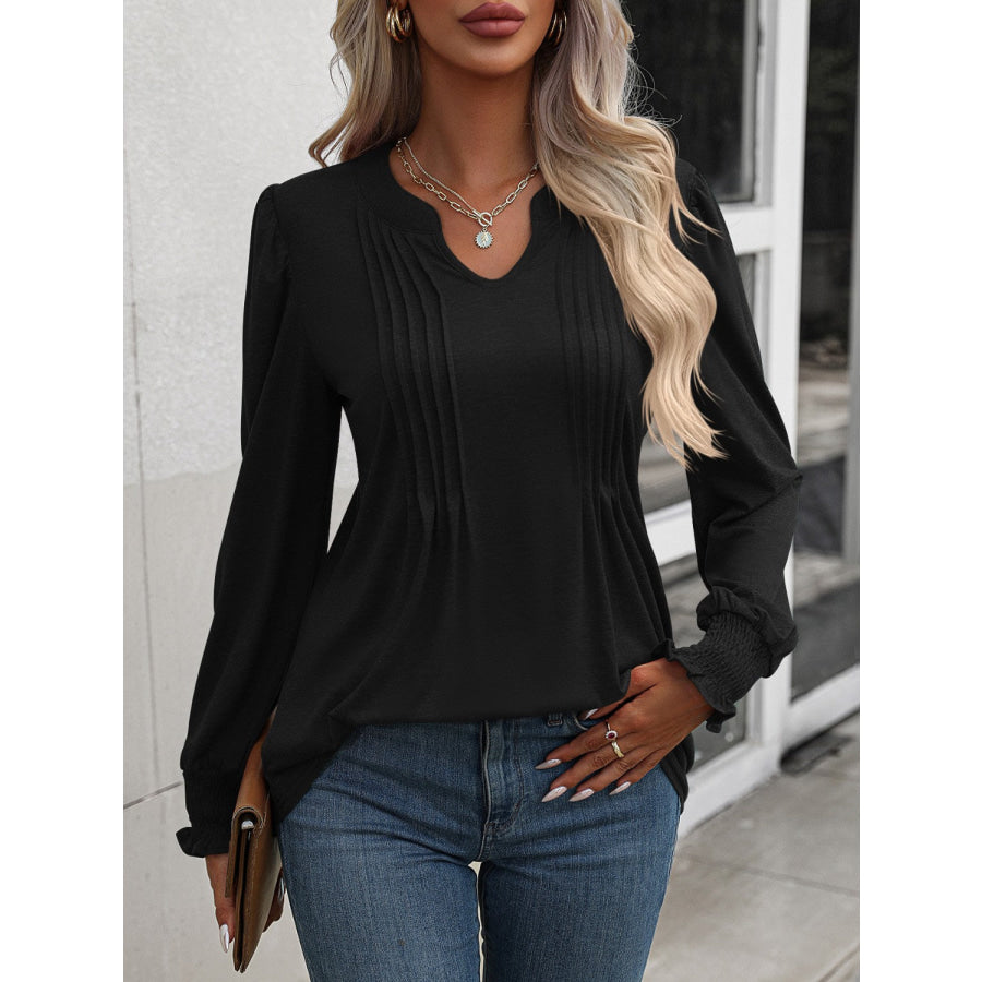 Notched Smocked Lantern Sleeve Blouse Black / S Apparel and Accessories