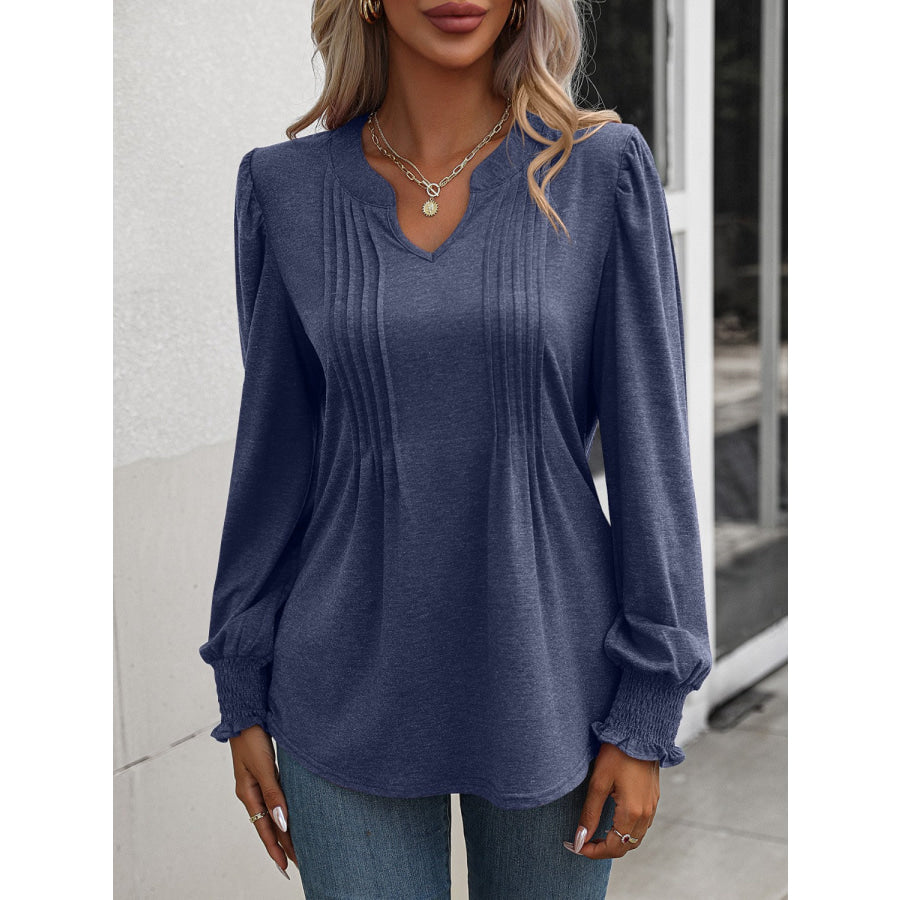 Notched Smocked Lantern Sleeve Blouse Dusty Blue / S Apparel and Accessories