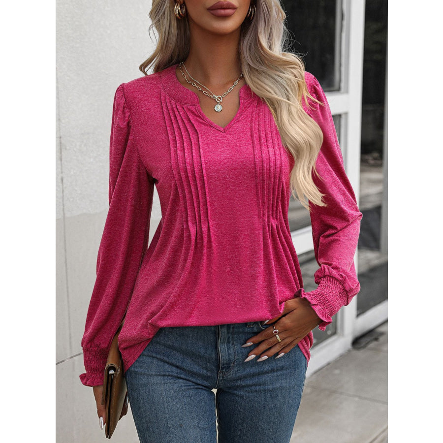 Notched Smocked Lantern Sleeve Blouse Hot Pink / S Apparel and Accessories