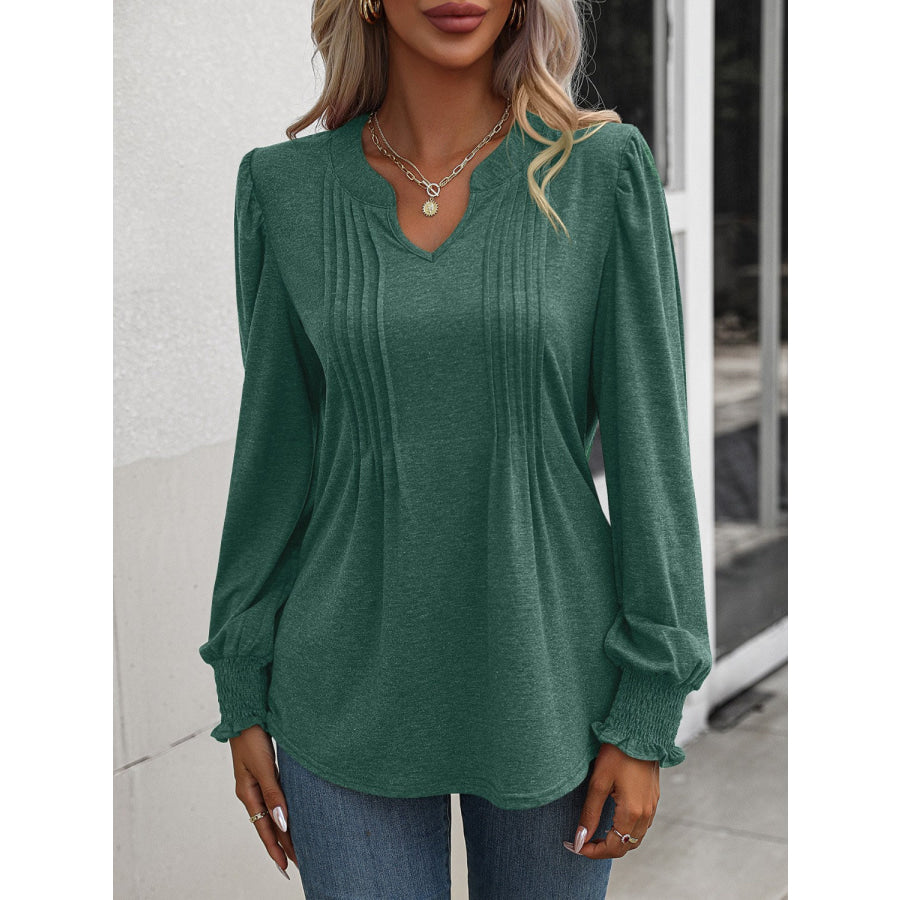 Notched Smocked Lantern Sleeve Blouse Sage / S Apparel and Accessories