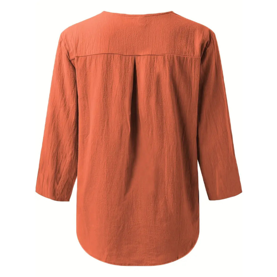 Notched Three-Quarter Sleeve Blouse Apparel and Accessories