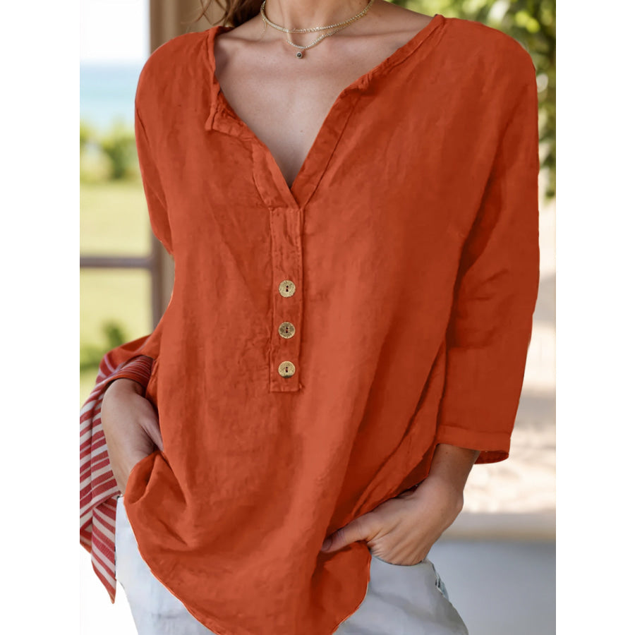 Notched Three-Quarter Sleeve Blouse Terracotta / S Apparel and Accessories