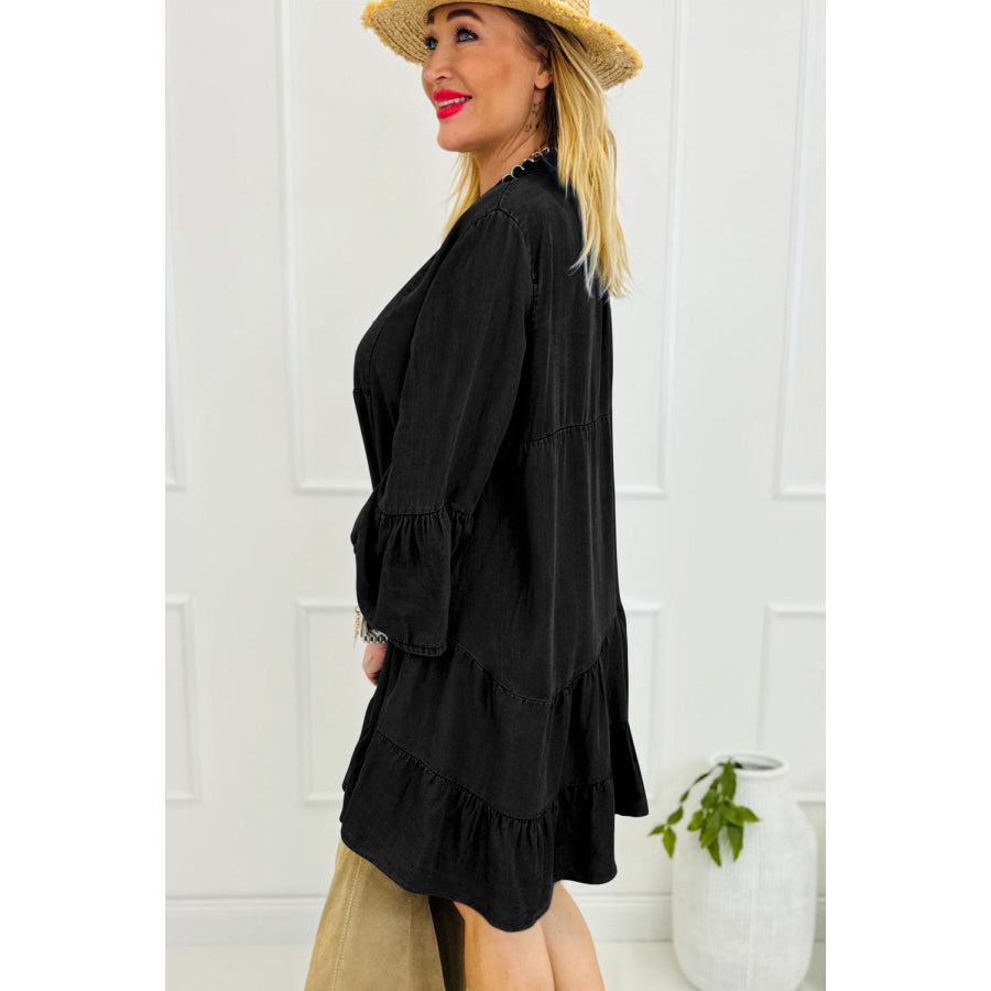 Notched Three-Quarter Sleeve Denim Dress Apparel and Accessories