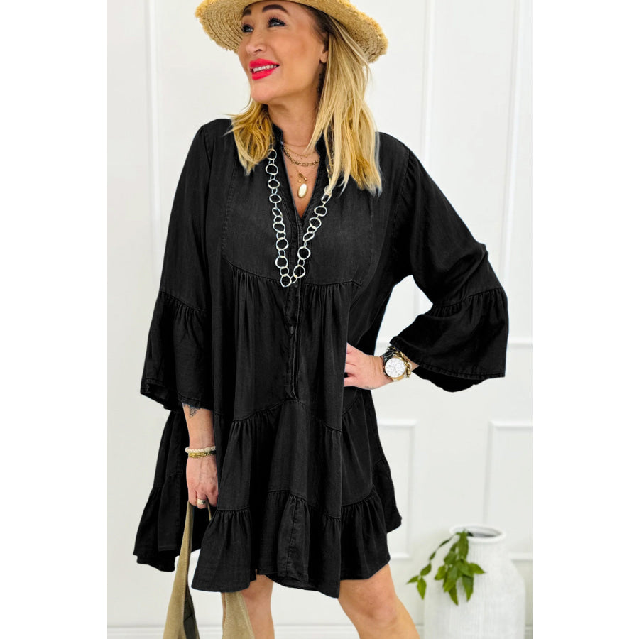 Notched Three-Quarter Sleeve Denim Dress Apparel and Accessories