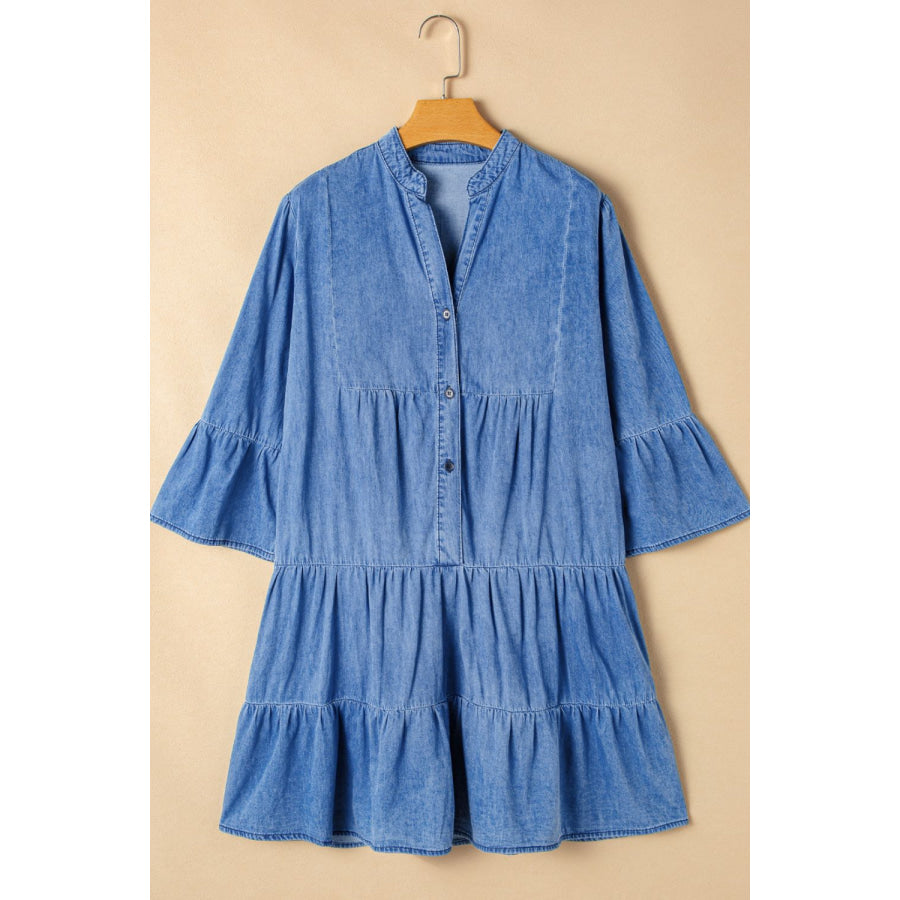 Notched Three-Quarter Sleeve Denim Dress Apparel and Accessories