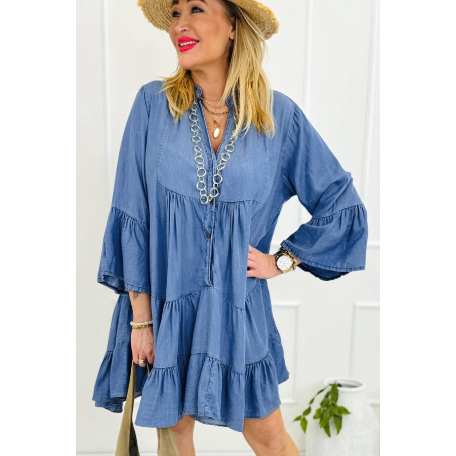 Notched Three-Quarter Sleeve Denim Dress Apparel and Accessories