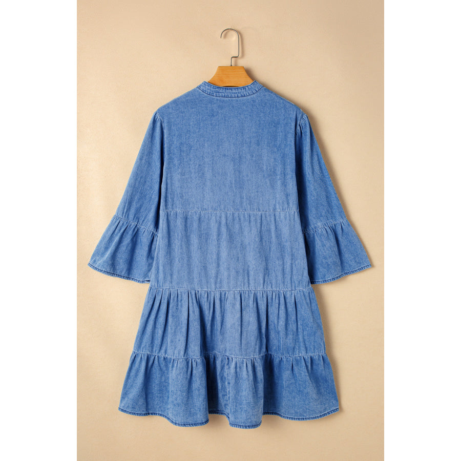 Notched Three-Quarter Sleeve Denim Dress Apparel and Accessories