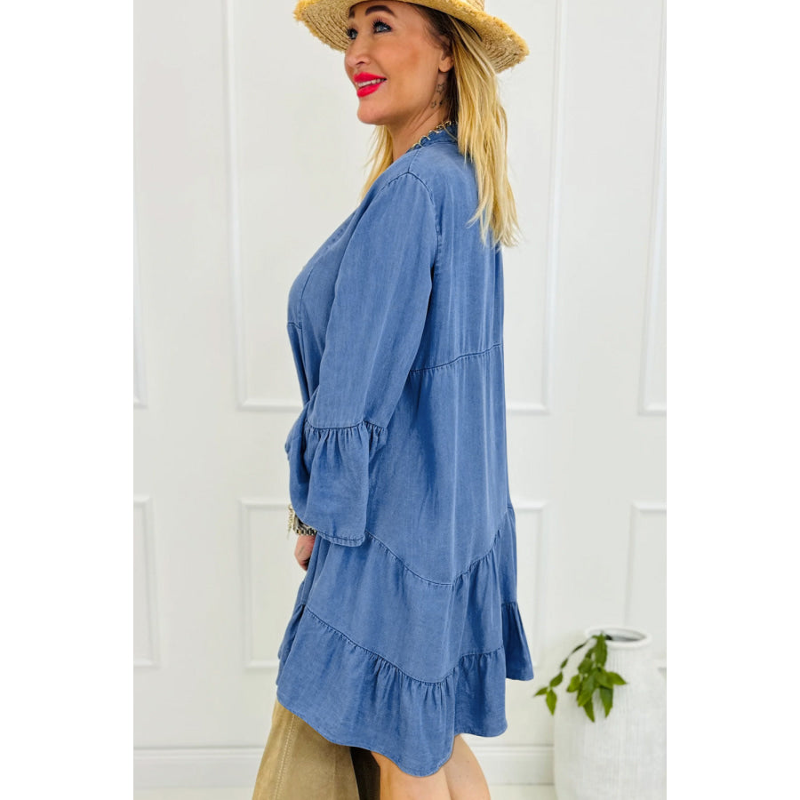 Notched Three-Quarter Sleeve Denim Dress Apparel and Accessories