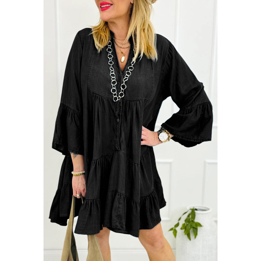 Notched Three-Quarter Sleeve Denim Dress Black / S Apparel and Accessories