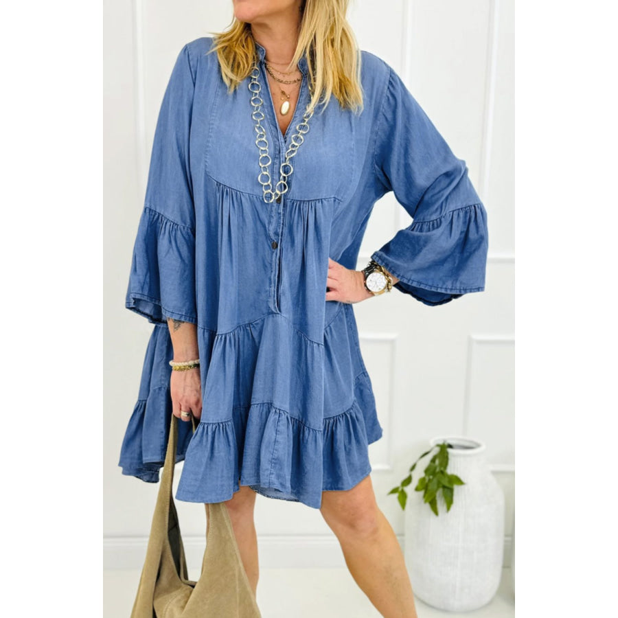 Notched Three-Quarter Sleeve Denim Dress Medium / S Apparel and Accessories