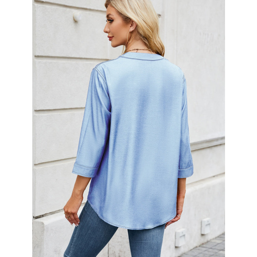 Notched Three-Quarter Sleeve Denim Top Apparel and Accessories