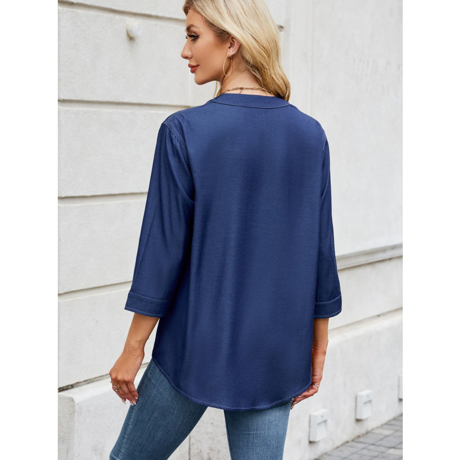 Notched Three-Quarter Sleeve Denim Top Apparel and Accessories