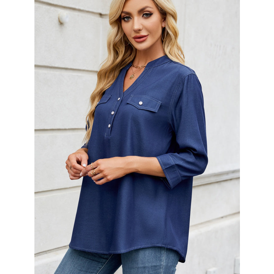 Notched Three-Quarter Sleeve Denim Top Apparel and Accessories