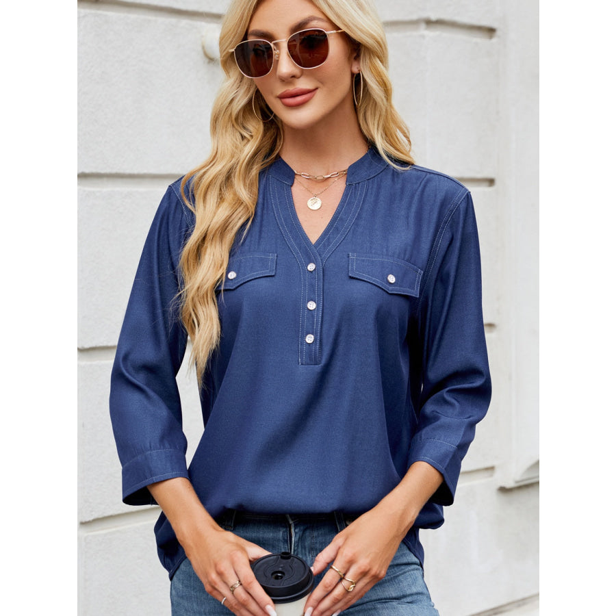 Notched Three-Quarter Sleeve Denim Top Apparel and Accessories