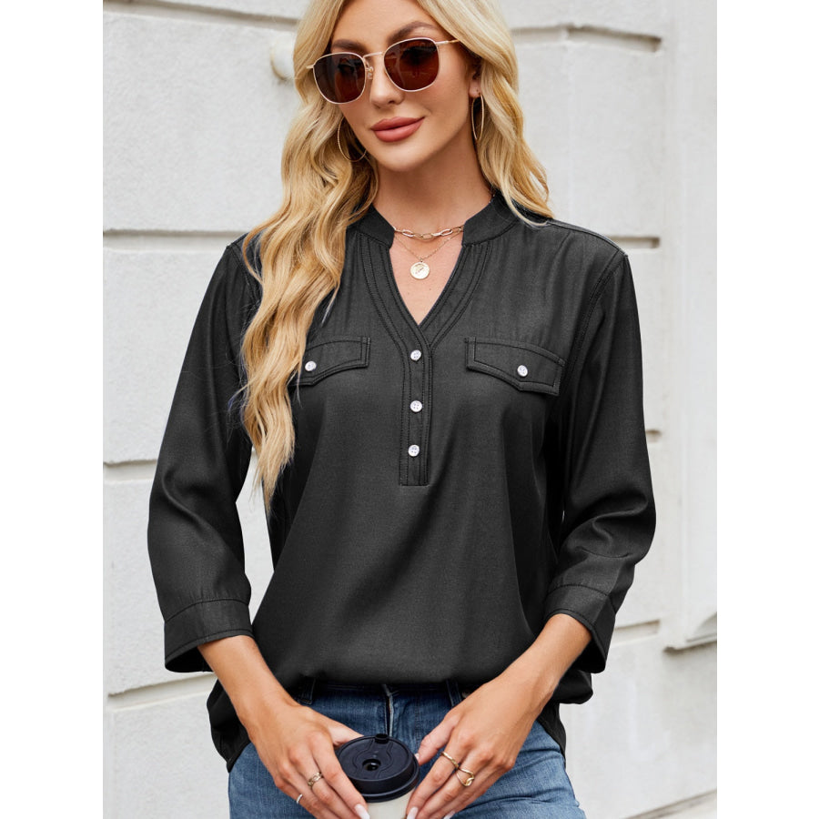 Notched Three-Quarter Sleeve Denim Top Black / S Apparel and Accessories