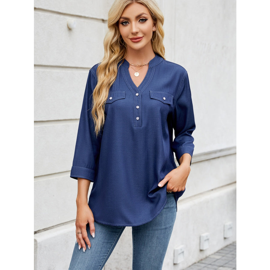 Notched Three-Quarter Sleeve Denim Top Dark Navy / S Apparel and Accessories