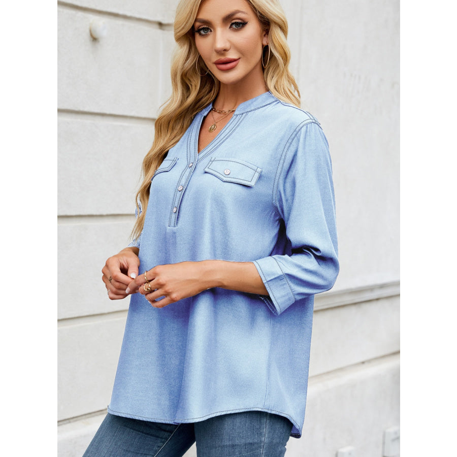 Notched Three-Quarter Sleeve Denim Top Light Blue / S Apparel and Accessories