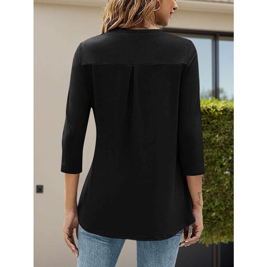 Notched Three-Quarter Sleeve T-Shirt Black / S Apparel and Accessories