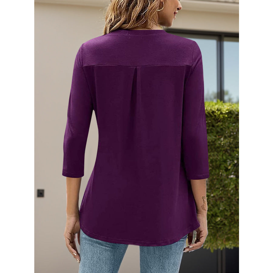 Notched Three-Quarter Sleeve T-Shirt Apparel and Accessories