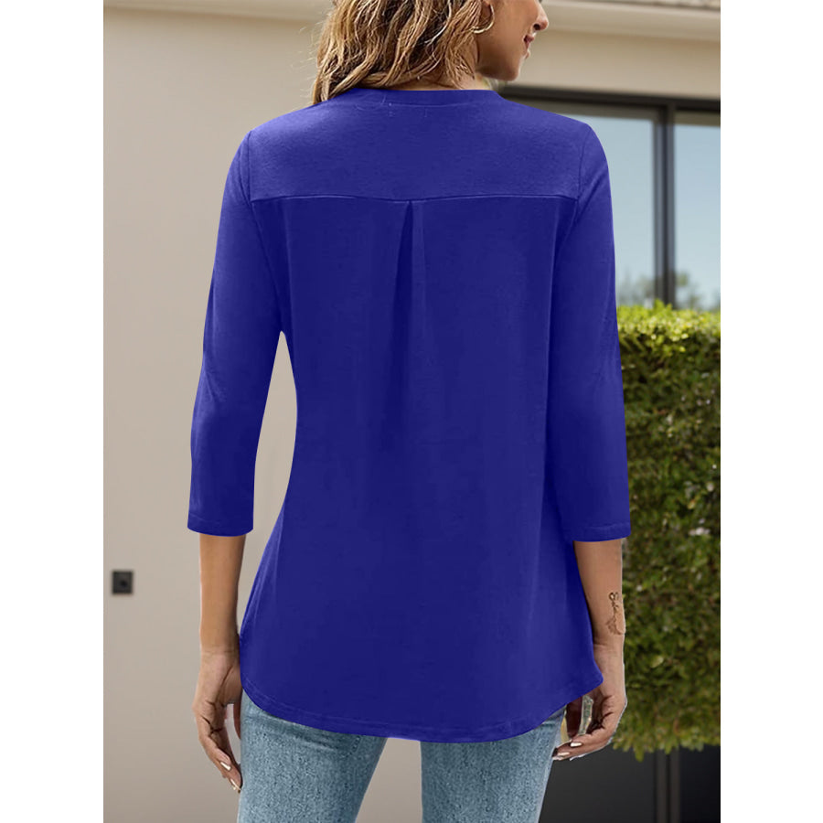 Notched Three-Quarter Sleeve T-Shirt Light Indigo / S Apparel and Accessories