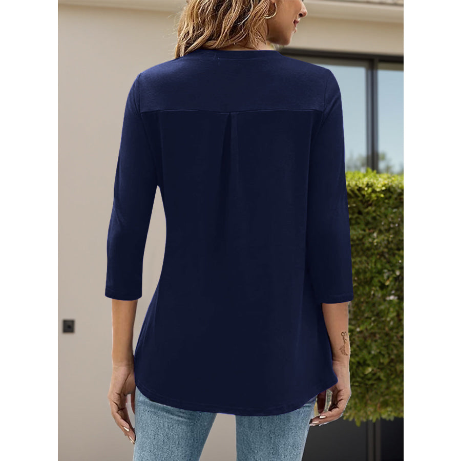 Notched Three-Quarter Sleeve T-Shirt Navy / S Apparel and Accessories