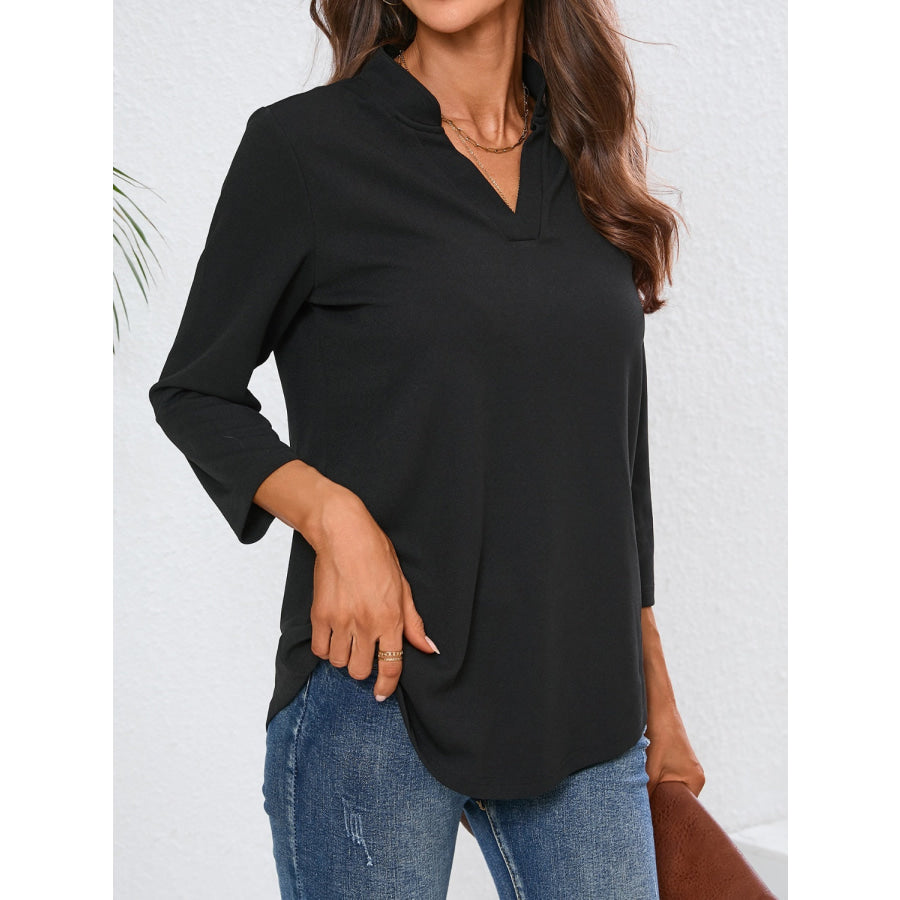 Notched Three-Quarter Sleeve Top Apparel and Accessories