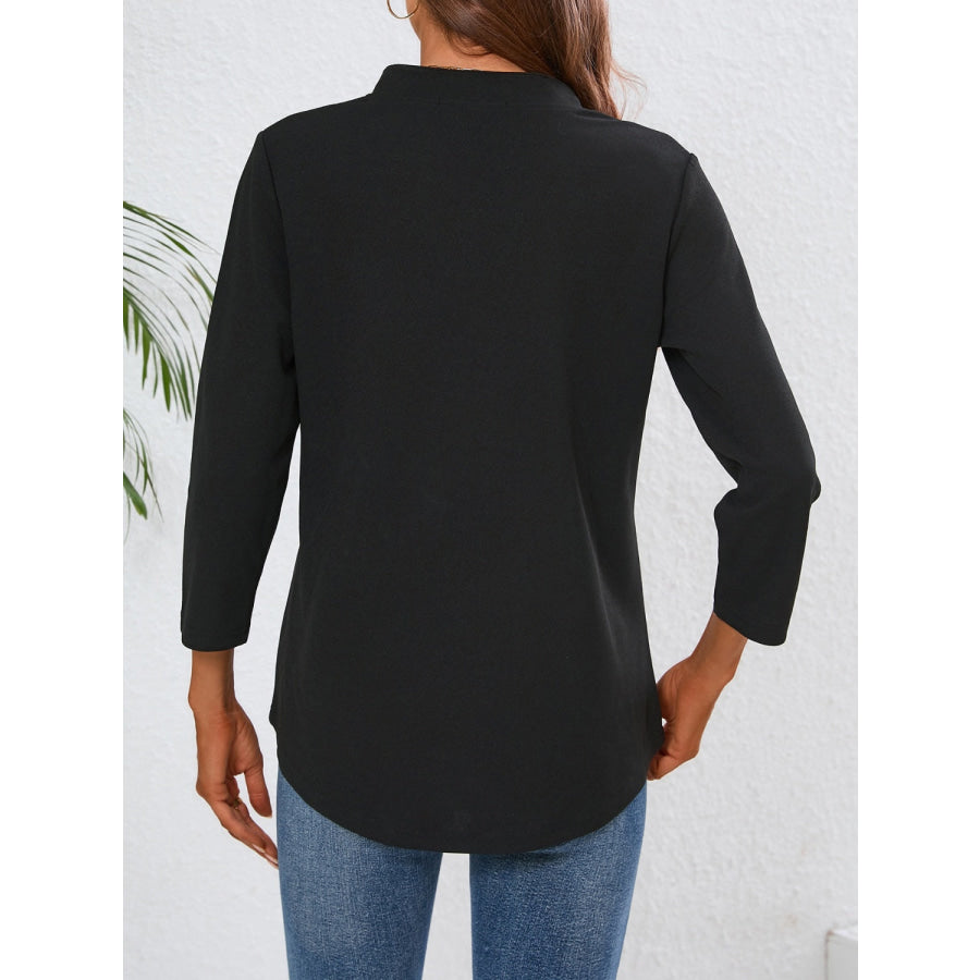 Notched Three-Quarter Sleeve Top Apparel and Accessories