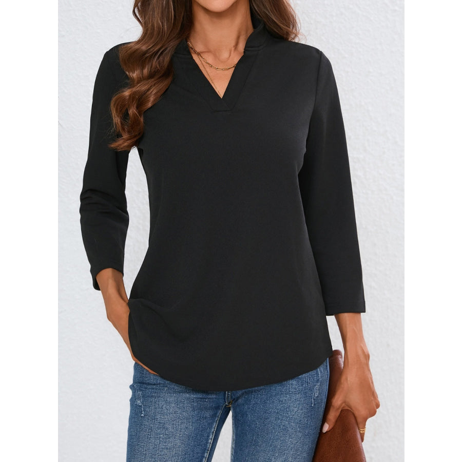 Notched Three-Quarter Sleeve Top Black / S Apparel and Accessories