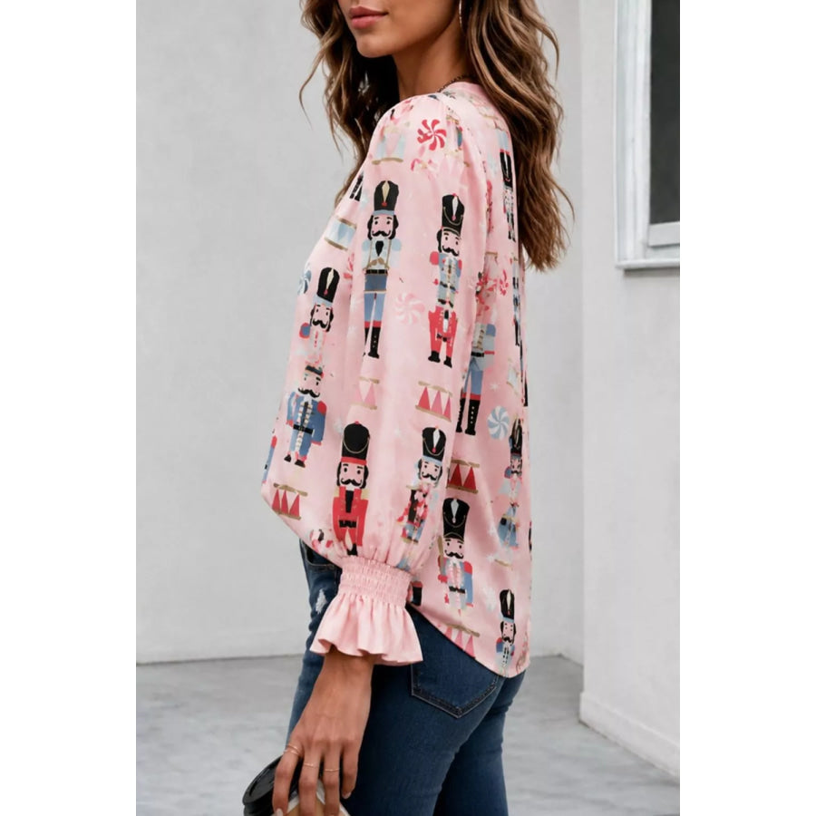 Nutcracker Print Notched Flounce Sleeve Blouse Apparel and Accessories