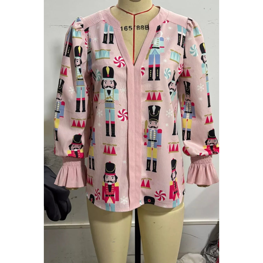Nutcracker Print Notched Flounce Sleeve Blouse Apparel and Accessories