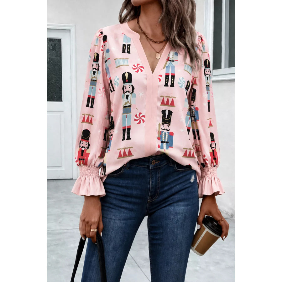 Nutcracker Print Notched Flounce Sleeve Blouse Apparel and Accessories