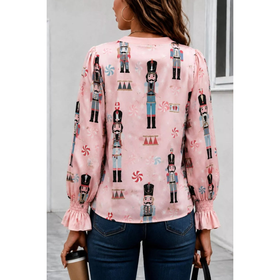 Nutcracker Print Notched Flounce Sleeve Blouse Apparel and Accessories