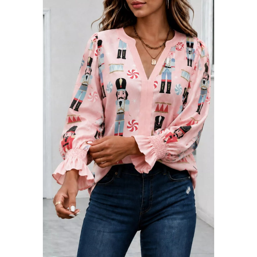 Nutcracker Print Notched Flounce Sleeve Blouse Apparel and Accessories
