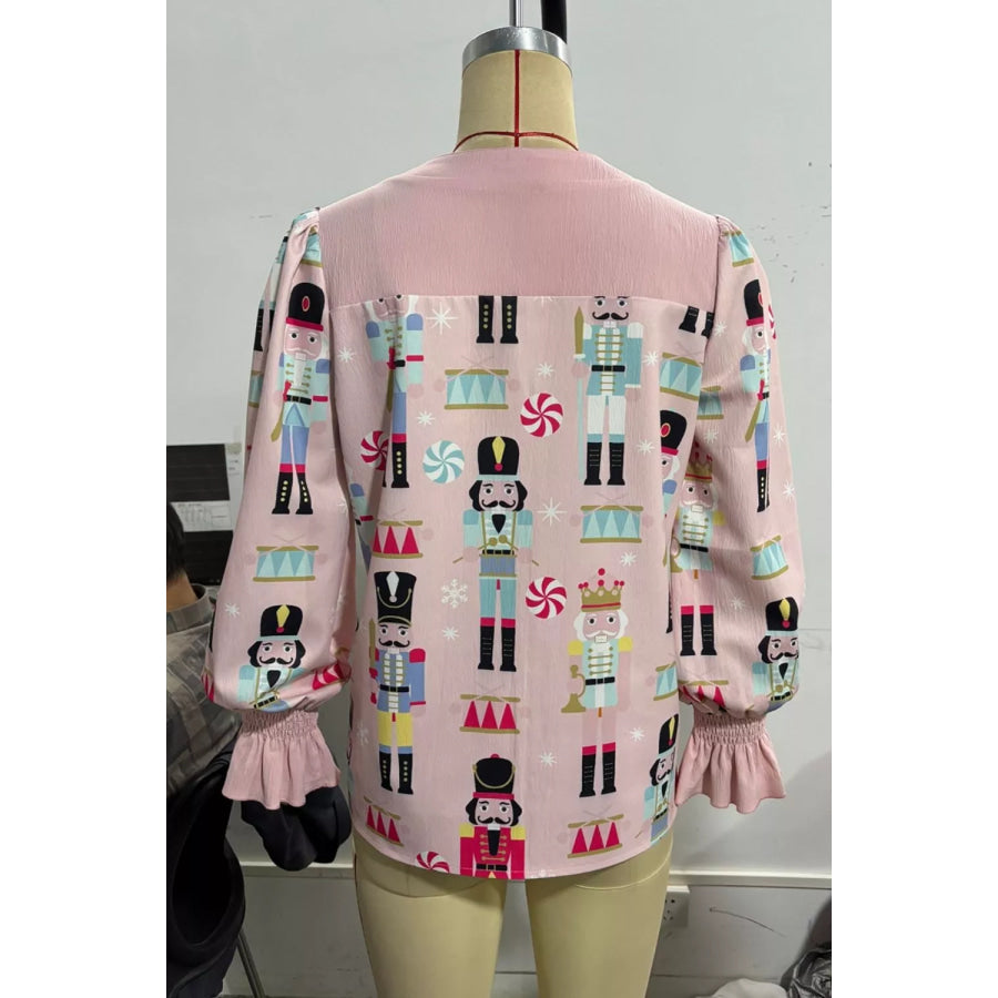 Nutcracker Print Notched Flounce Sleeve Blouse Apparel and Accessories