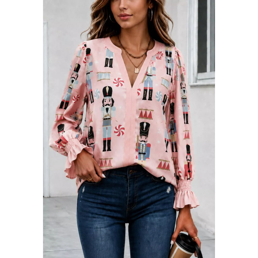 Nutcracker Print Notched Flounce Sleeve Blouse Blush Pink / S Apparel and Accessories