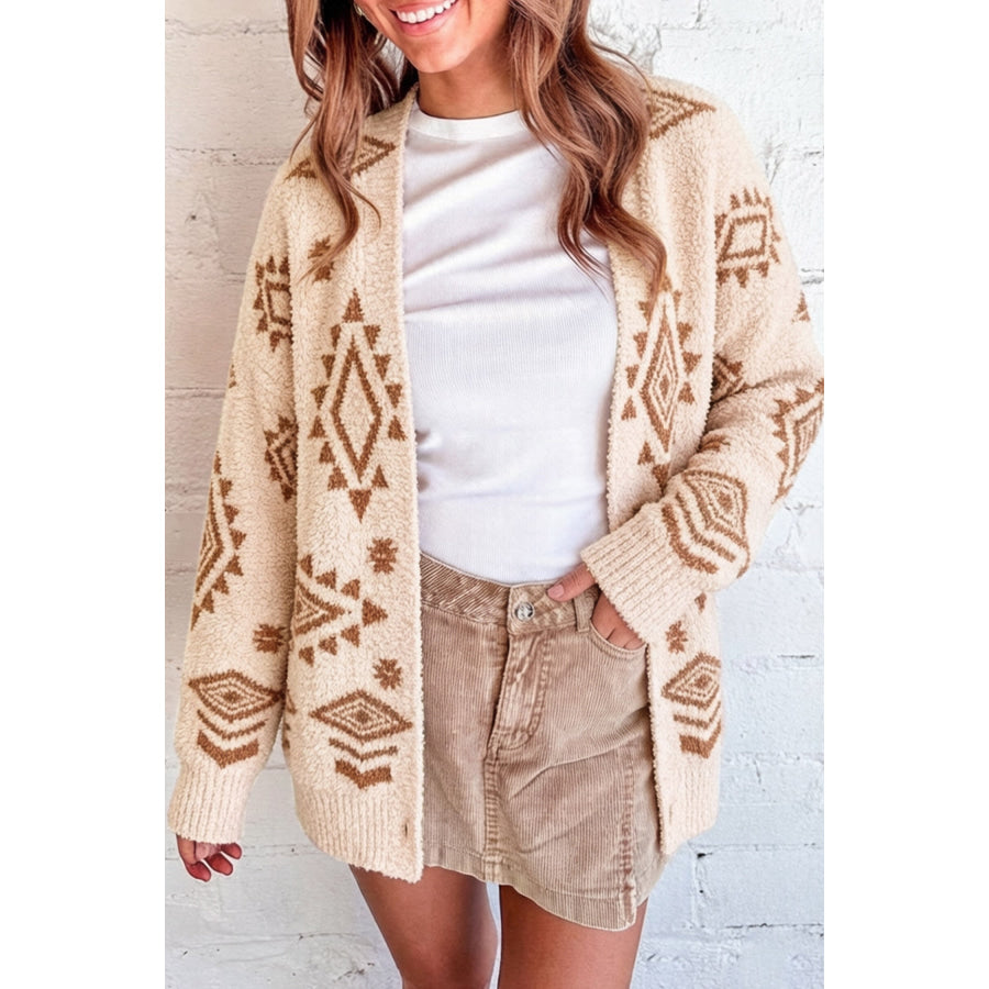 Oatmeal Fuzzy Aztec Print Open Knit Sweater Tunic Cardigan / S Sweaters & Cardigans/Cardigans