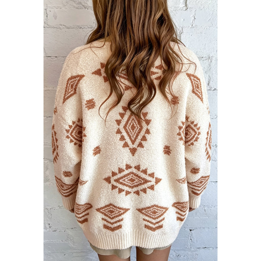 Oatmeal Fuzzy Aztec Print Open Knit Sweater Tunic Cardigan Sweaters & Cardigans/Cardigans