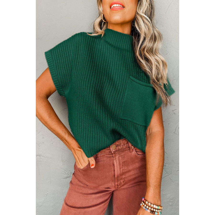 Oatmeal Patch Pocket Ribbed Knit Short Sleeve Sweater Blackish Green / S / 50% Viscose + 28% Polyester + 22% Polyamide Sweaters &