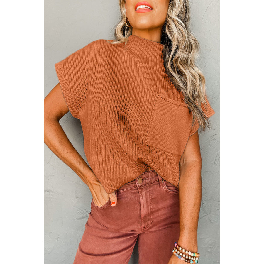 Oatmeal Patch Pocket Ribbed Knit Short Sleeve Sweater Gold Flame / S / 50% Viscose + 28% Polyester + 22% Polyamide Sweaters &