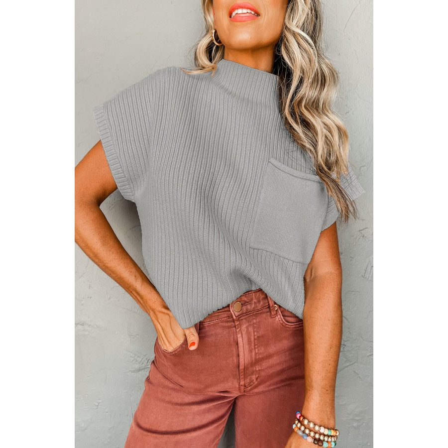 Oatmeal Patch Pocket Ribbed Knit Short Sleeve Sweater Gray / S / 50% Viscose + 28% Polyester + 22% Polyamide Sweaters & Cardigans/Short