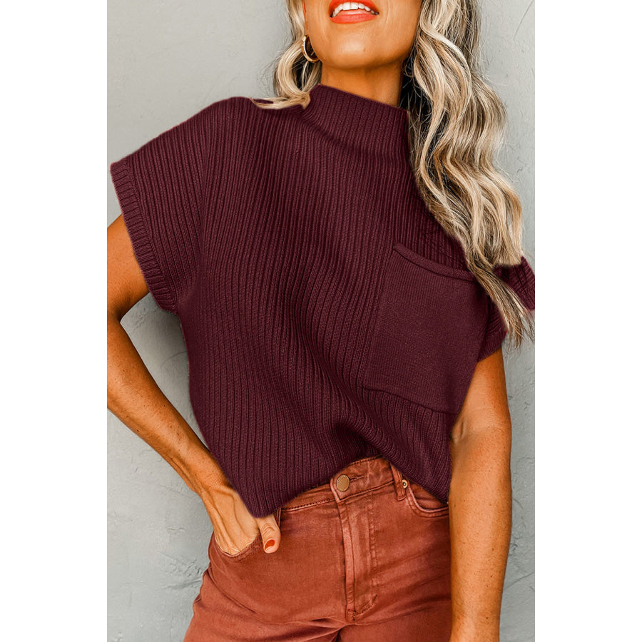 Oatmeal Patch Pocket Ribbed Knit Short Sleeve Sweater Mineral Red / S / 50% Viscose + 28% Polyester + 22% Polyamide Sweaters &