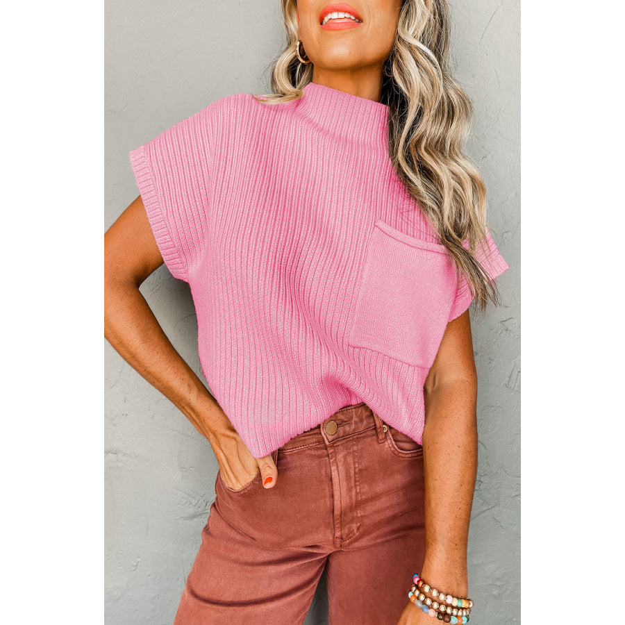 Oatmeal Patch Pocket Ribbed Knit Short Sleeve Sweater Pink / S / 50% Viscose + 28% Polyester + 22% Polyamide Sweaters & Cardigans/Short