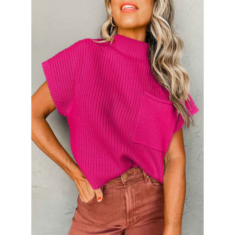 Oatmeal Patch Pocket Ribbed Knit Short Sleeve Sweater Rose Red / S / 50% Viscose + 28% Polyester + 22% Polyamide Sweaters & Cardigans/Short